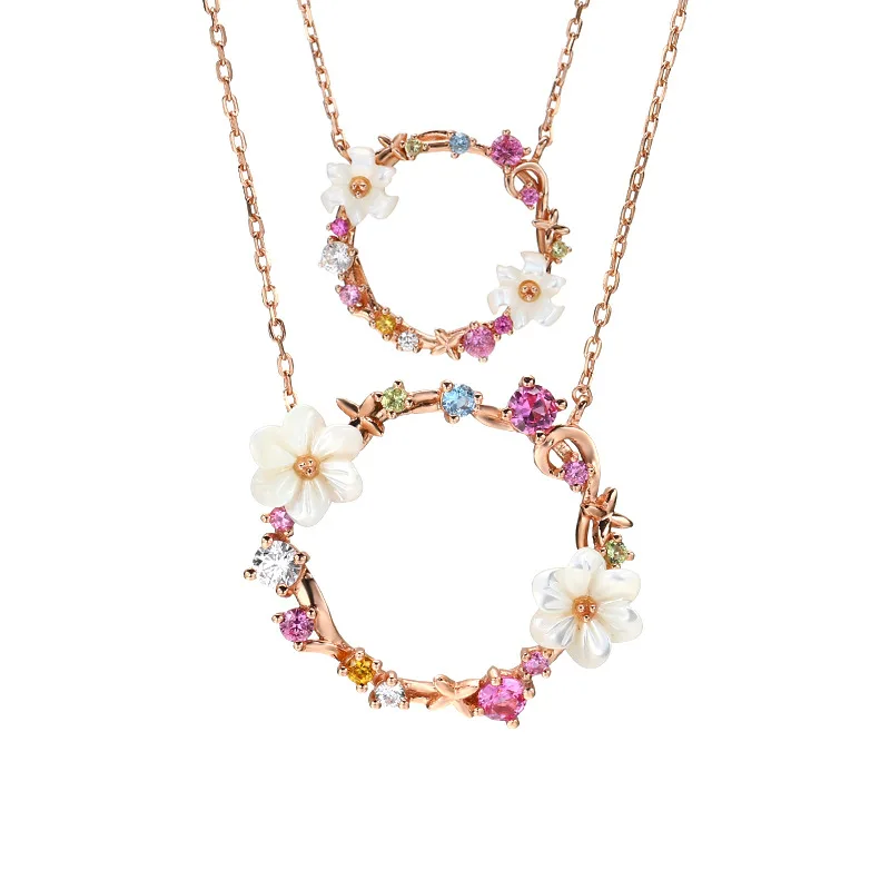 Flower Circle Pendant Necklace Sterling Silver 925