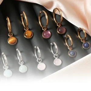 Women's Stainless Steel Birth Stone Pendant Earrings Waterproof Fashion 18K PVD Plated Natural Small Healing Stone
