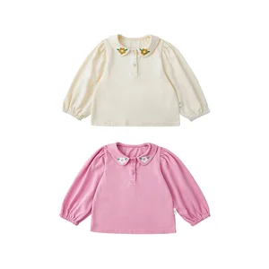 YOEHYAUL Q2360 Autumn Toddler Baby 100% Cotton Solid Long Sleeve T-shirt Embroidery Turn Down Collar Kids Undershirt for Girls