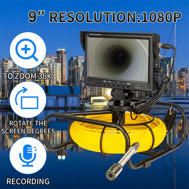 Pipe Inspection Camera 9Inch 1080P HD Screen 512Hz Sonde/Self-leveling16GB Video Audio Recording&IP68 Waterproof