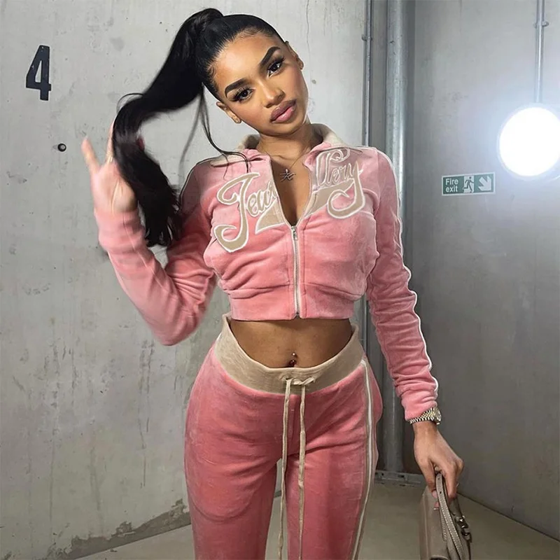 Women Velvet Sets Tracksuit Velour 2 Piece Set Long Sleeve Zipper