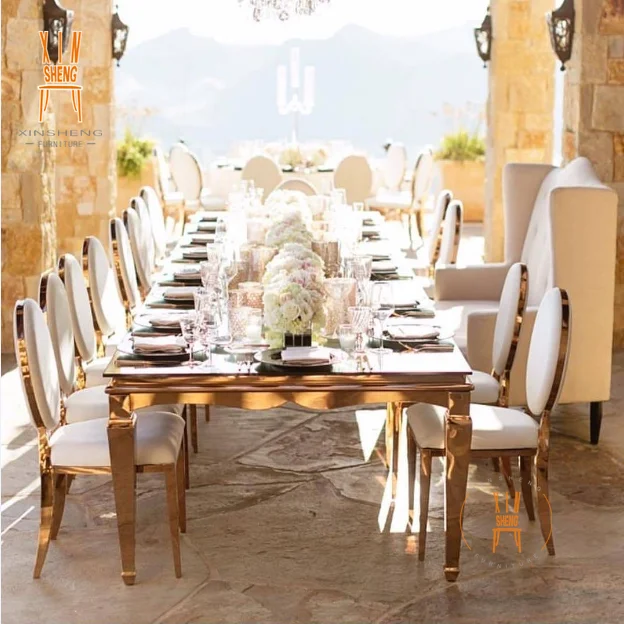 New Design Mirror Glass Top Stainless Steel Wedding Rectangle Dining Table
