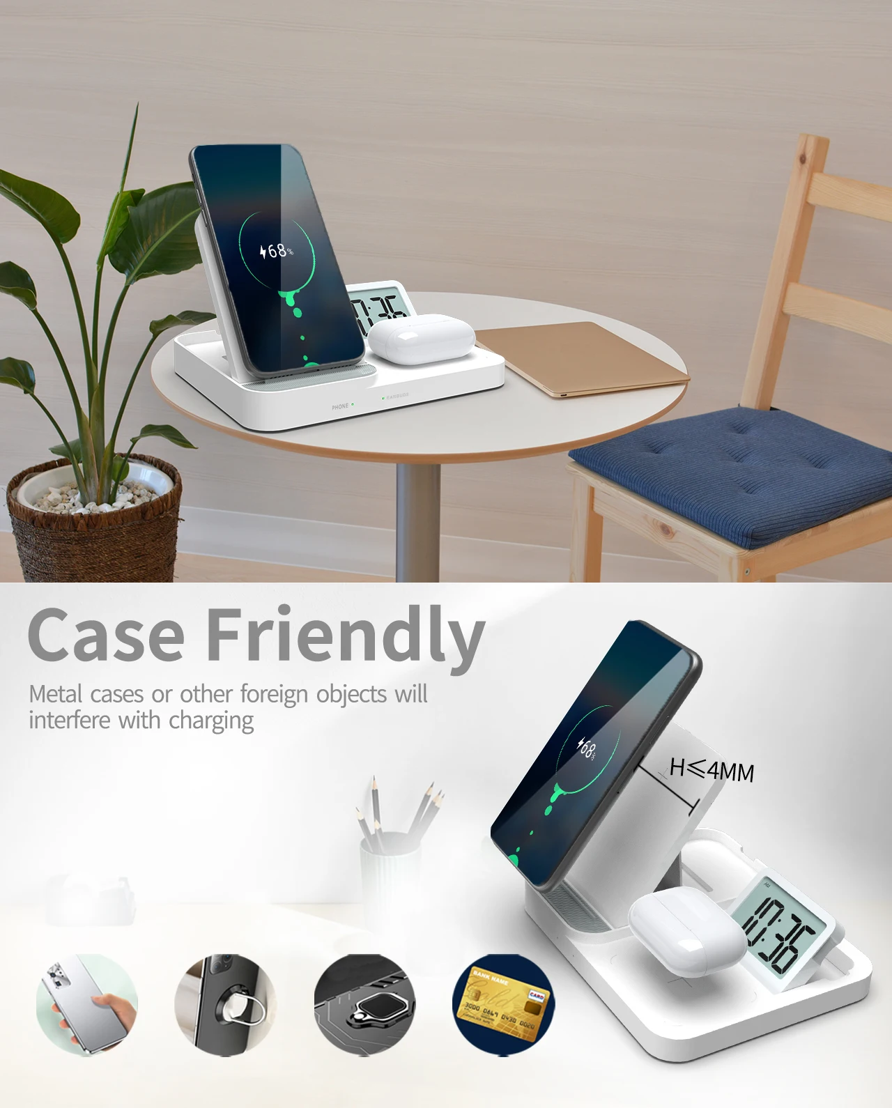 Time Display Desk Led Alarm Clock Wireless Charger 15w Fast Charging