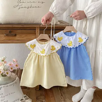 2025 Summer Baby Dresses Girls' Sweet Style Dress with Little Duck Embroidery O-Neck Collar Pattern Decoration Children's Skirt