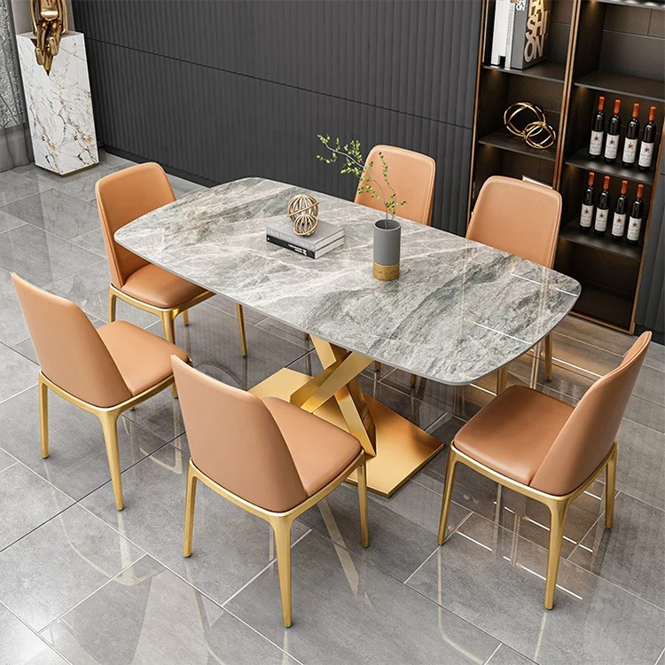 Modern Style Dining Tables with Chair Steel Base Home Furniture Marble Top Luxury Dining Table Set