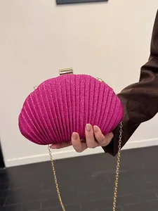 Women's Gold Glitter Pleated Clutch Bag Shell Shaped Evening Purse with Gold Chain Strap Party Cocktail Handbag