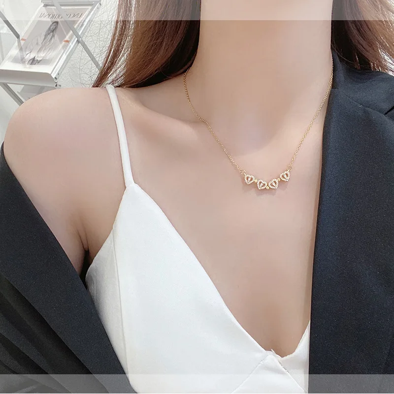 Korea Two Wear Four-Leaf Clover Love Heart Pendant Necklace Stainless Steel Zircon Magnet Necklace for Girls Women Fashion