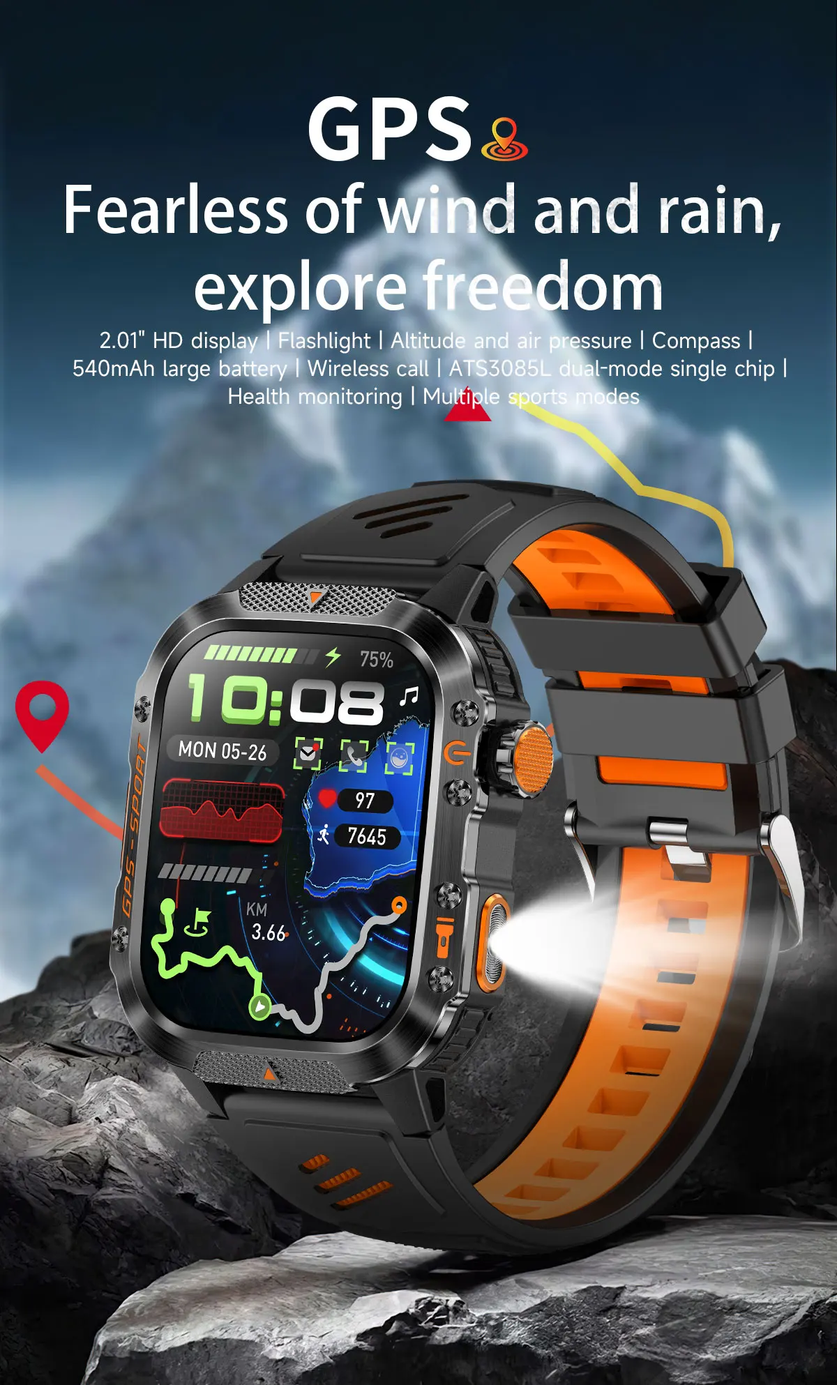 product laudtec black smart watches sport flash light heart rate health monitoring waterproof outdoor sports watch gps smartwatch sb003-2