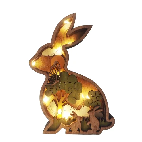 Spring Garden  LED Easter Rabbit 3D Wood Carving Ornaments Easter Home Decoration Wooden Crafts Hollow Wood Crafts Decoration