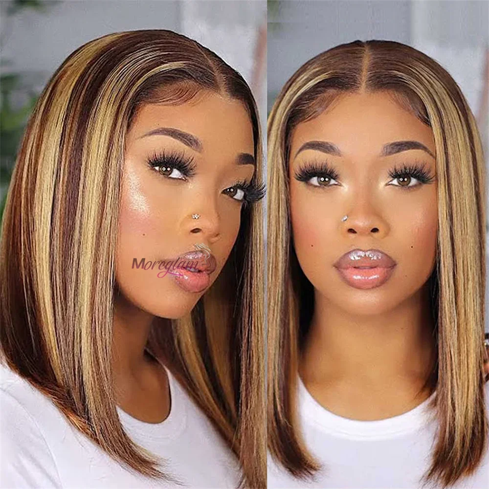 Perruque Bob en cheveux humains raides 13x4 avec dentelle frontale brésilienne courte ombrée_voghion.com
