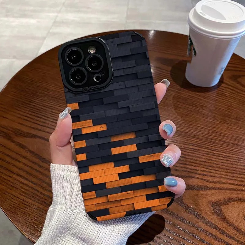 Top Sale Orange And Black Stitching Design Soft TPU Leather Mobile Phone Case For Iphone 6 7 8 X Xr Xs 11 12 13 14 15 16 Pro Max