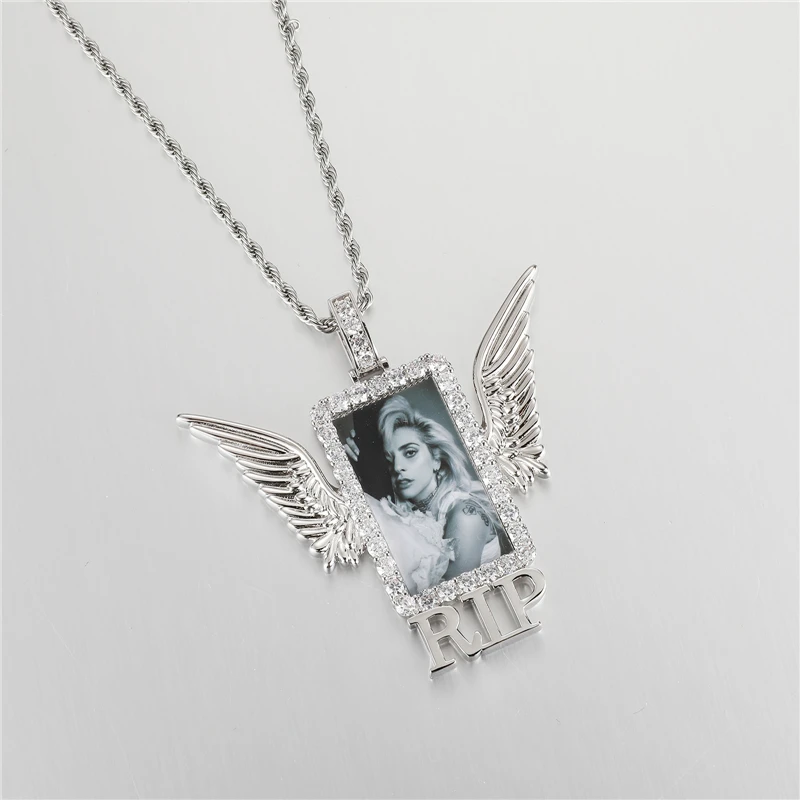 Custom Photo Memory Miss the Past RIP Wings Square Solid DIY Photo Pendant Necklace With Rope Chain Hip Hop Jewelry