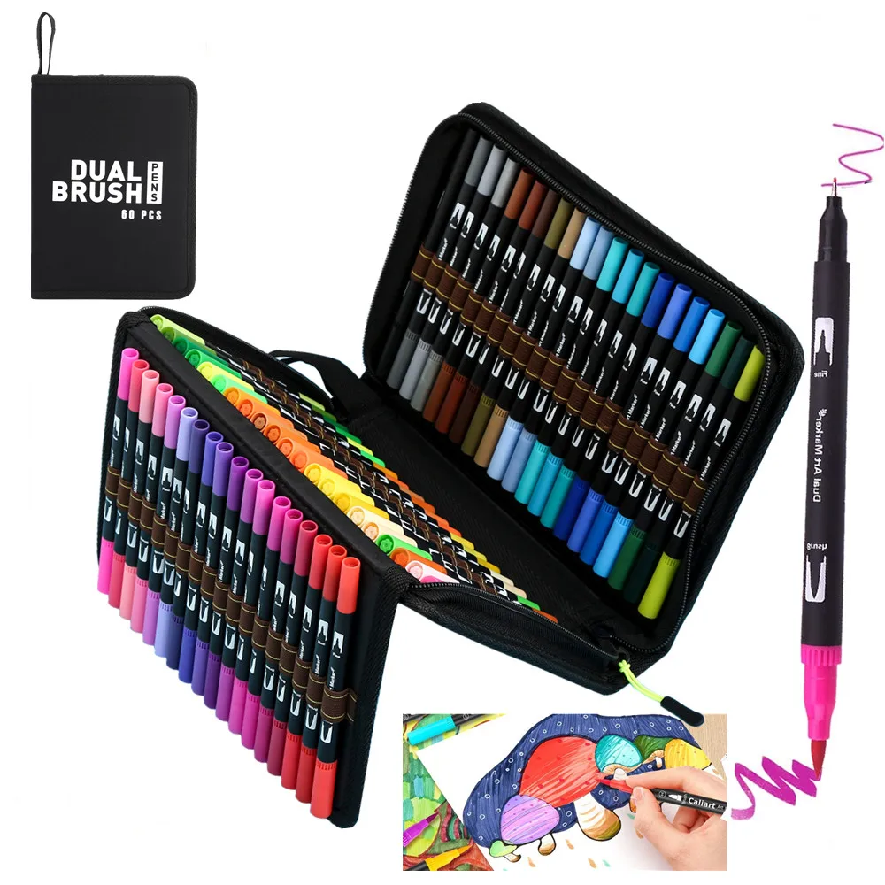  Caliart 72 Dual-Tip Brush Markers Set, Multicolor