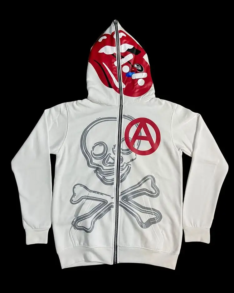 Oem Custom Zip Hoodie Sweatshirts High Quality Wholesale Full Face Zip up Skeleton Rhinestone Men Hoodie gallery 5
