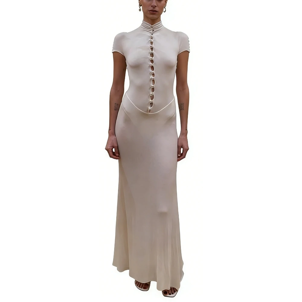 Women's High Neck Button Detail Maxi Dress Sheer Flowy Gown Womens Dresses  Sehe Fashion| Alibaba.com