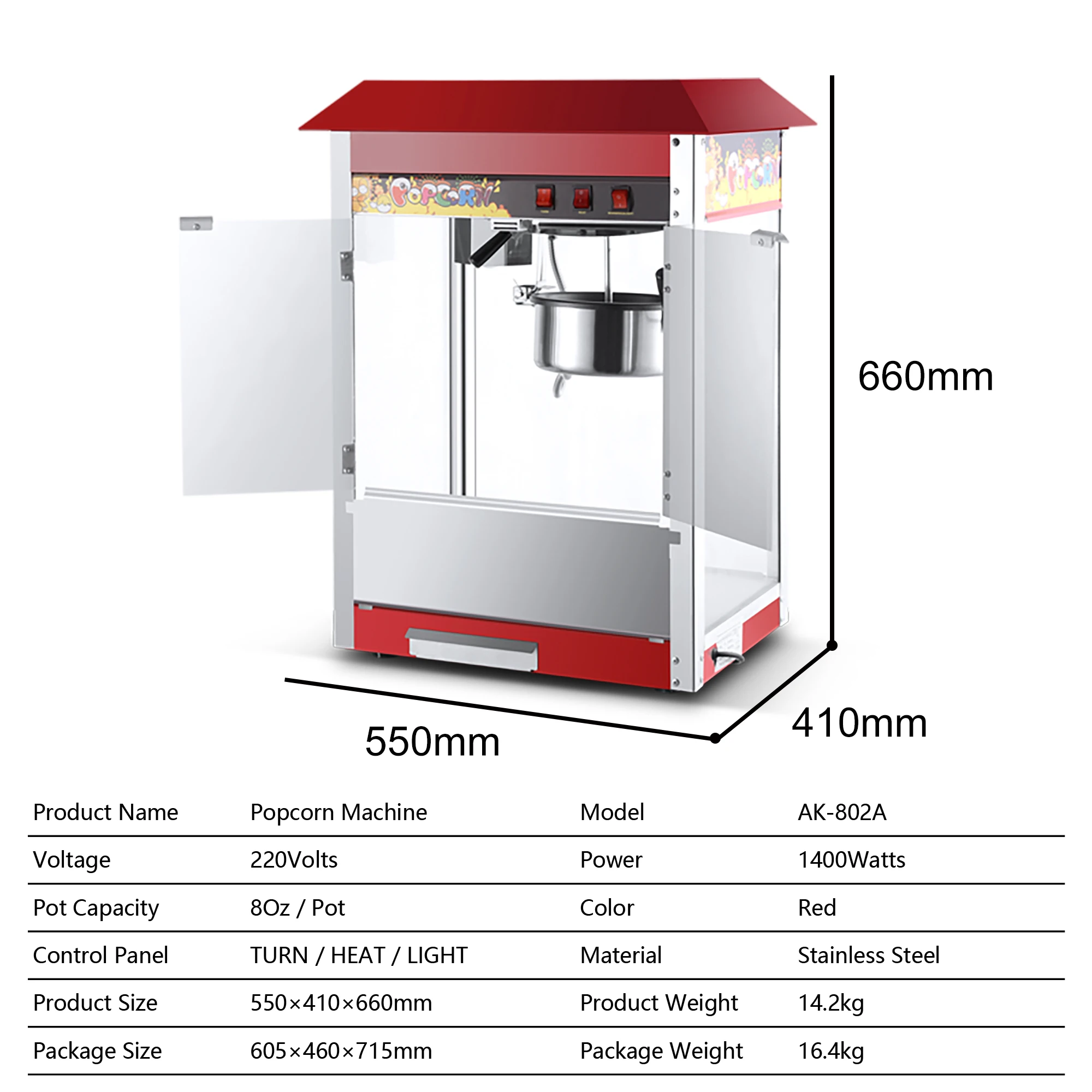 2022 Promotion Red Steel Automatic Electric Popcorn Machine Making Pop Corn Commercial Popcorn Popping Machine