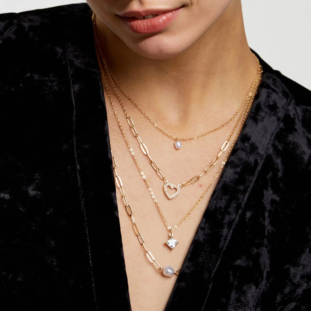 Hot Selling Layered Heart Inlaid Pearl Geometric Fashionable Elegant Accessories High-end Jewelry Necklace for Women