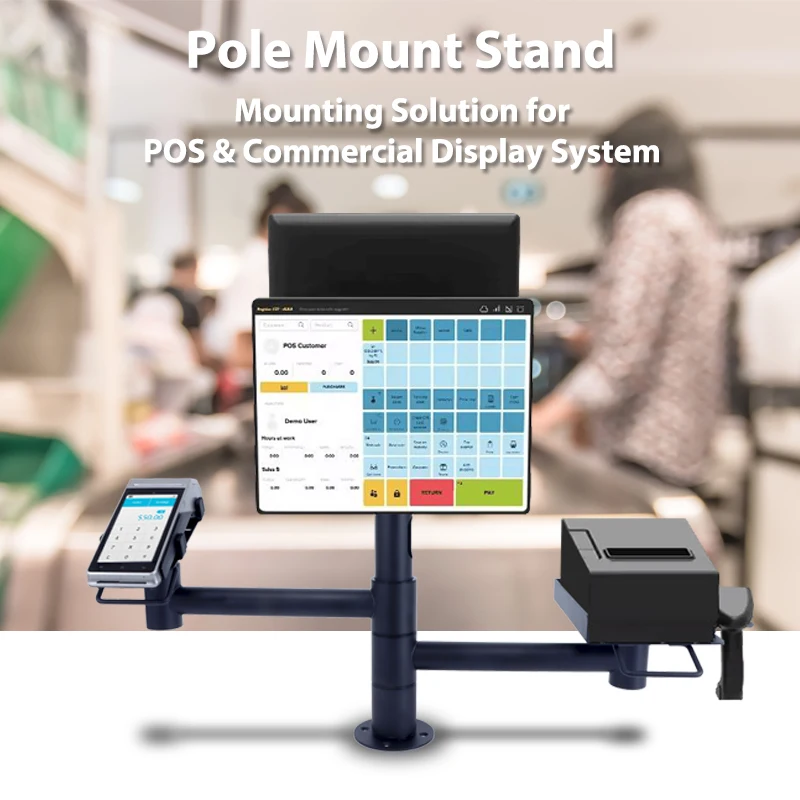 Universal Adjustable POS Terminal Holder for Retail Swivel Pos Pole Mount Holder with Keyboard Tray