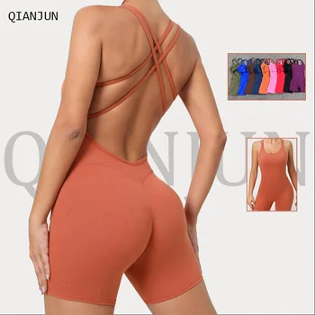Hot Sale Women Onesie Sexy Hollow Back Sling Sleeveless Romper Leggings Nude Feeling Breathable Bodysuit Yoga Jumpsuits