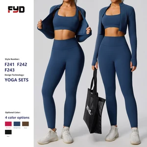 Custom High Quality 3 Piece Fitness Clothing Sportswear Gym Leggings Activewear Sports Bra Women Workout Jacket Yoga Sets