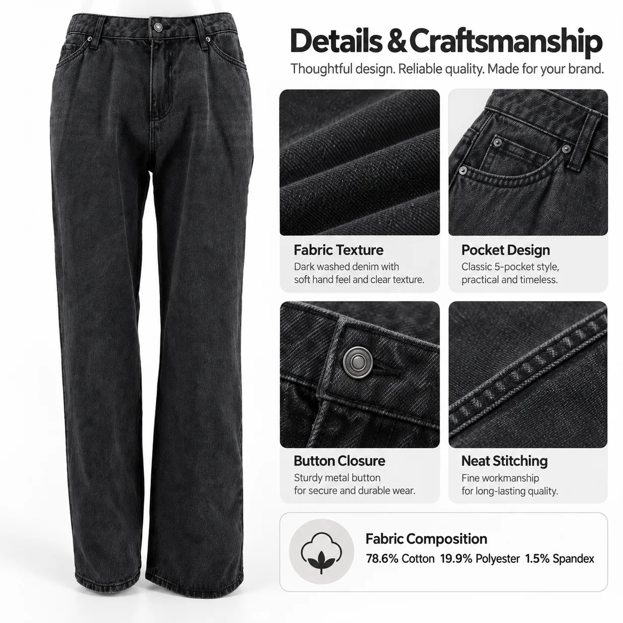 Women's Vintage Dark Gray Wash Low Waist Loose Straight Fit Breathable Washable Sexy Streetwear Basic Denim Jeans