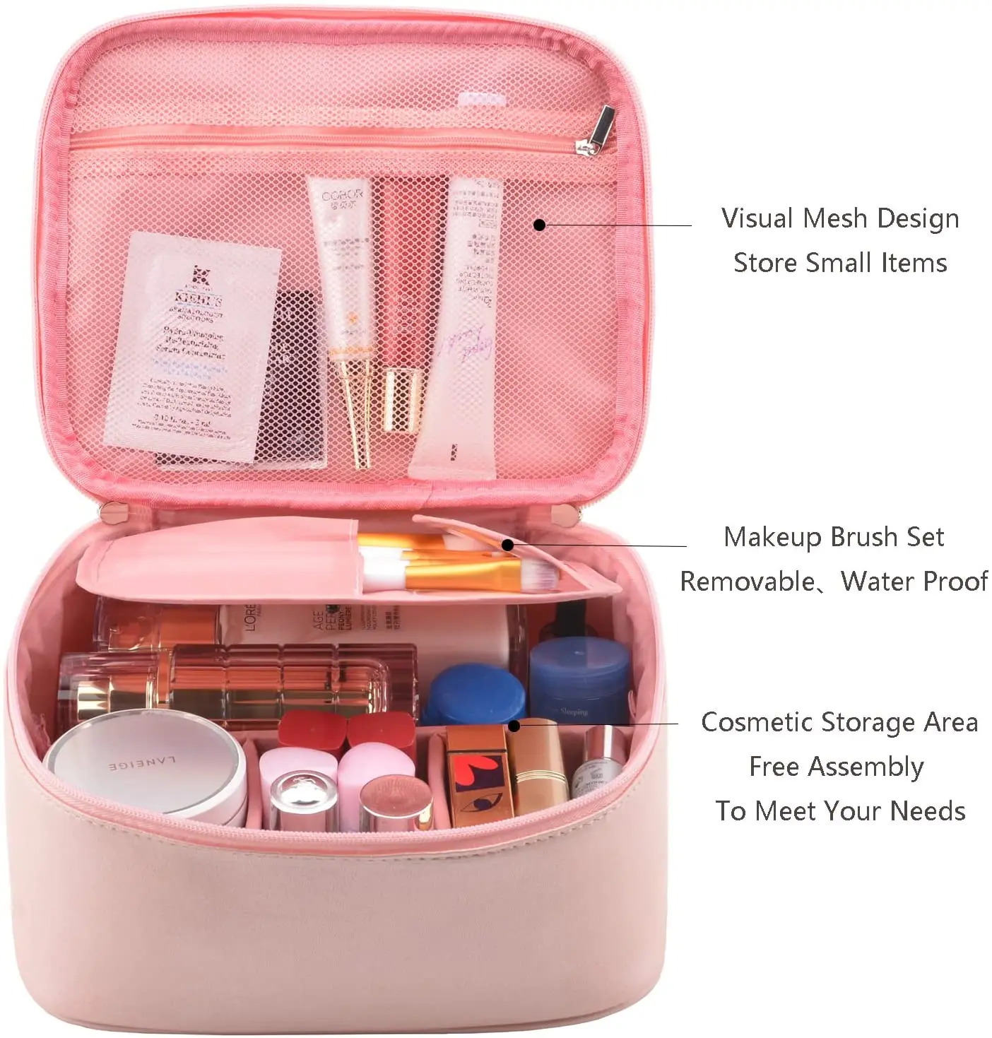 Oem Odm Vegan Leather Pink Travel Large Make Up Case Organizer Cosmetic
