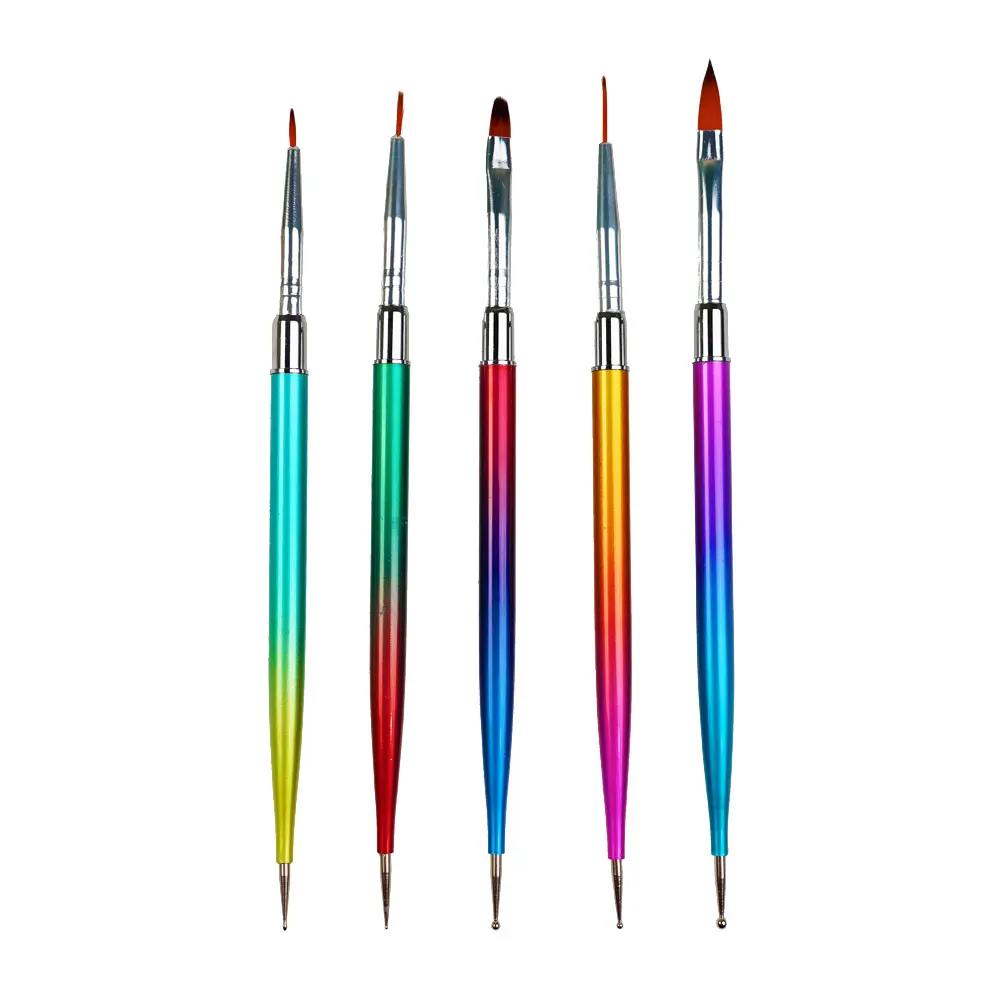 5 Pcs Set Nylon Hair Rainbow Nail Gel Brush Metal Nail Art Tools Pen Nail Brush Art Liner Painting Flower Acrylic UV Gel