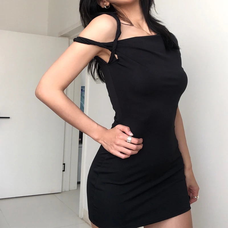 OEM  Factory Solid Color Mini Dress Women Classic Single Sleeve Woven Strap Body-shaping Vestidos Female 2024 New Basic Dress