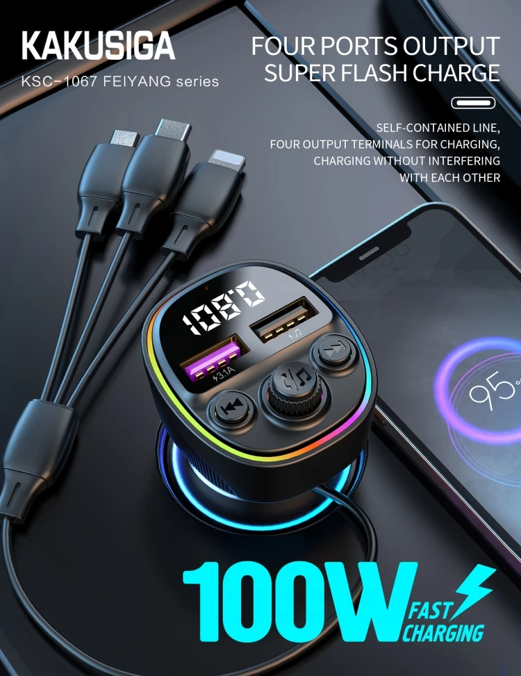 KAKUSIGA New one-to-three-wire vehicle-mounted wireless FM transmitter PD100W fast charging for Car