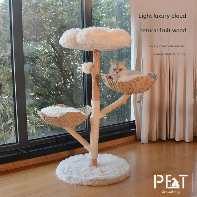 Solid Wood Integrated Cat Climbing Frame Natural Fruit Wood Rattan Bed Cat Tree Tower Scratching Post House Feather Material