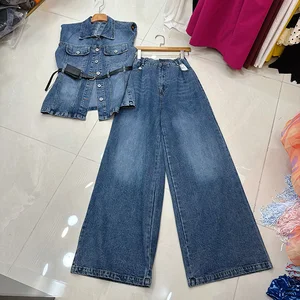 Factory Wholesale New Retro Casual Denim Sets Women Loose Sleeveless Denim Jacket + Long Straight Pants Holiday Female Set