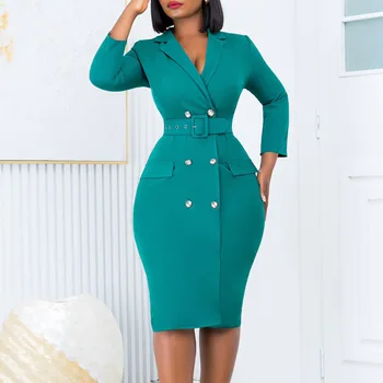 Office Lady Elegant Formal Dress Lapel Collar Long Sleeve Belted Midi Dress Double Breasted Women Fashion Solid Pencil Dress