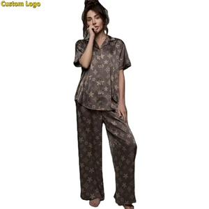 Custom Logo Pyjama Luxury Women's Short Sleeve Classic Satin Pajama Soft Silky Sleepwear Comfortable & Stylish Silk Home Wear