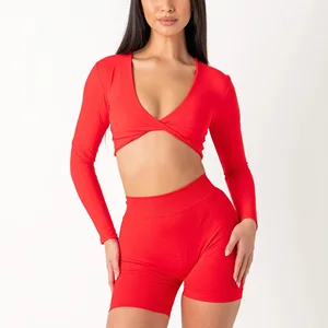 High Quality Gym Fitness Activewear Crop Tops Wholesale Gym Clothing Long Sleeve Twist Crop for Women