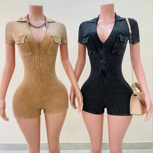 Huili Activewear Manufacturer High Quality Gym Fitness Bodycon Custom Acid Wash Sports Shorts Bodysuits&jumpsuits with Zipper