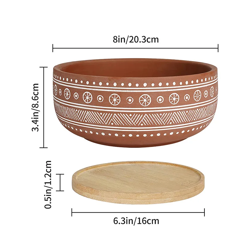 Terracotta Succulent Planter Pot with Bamboo Tray, Round Shallow Bonsai Pot