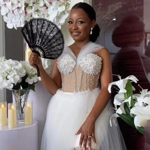 Wedding Pearls African Party Sleeping Bridal Shower Dresses Lace Cheap Ivory  Off Shoulder Side Wedding White Bride Robes MW632A| Alibaba.com
