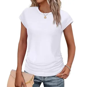 2025 Summer Women's Fashion Folded Round Neck Solid Color Short Sleeved T-shirt