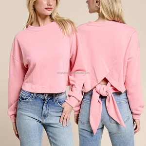 Wholesale Cropped Pullover Trendy Pink Long Sleeve Crossover Back Tie Knot Hem Loose Fit Women Sweatshirt