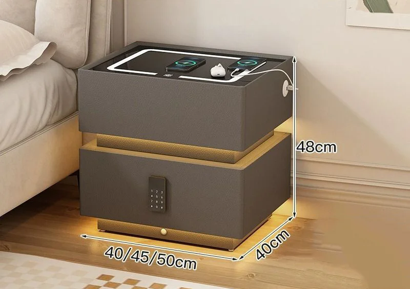 Manufacturer Nightstand Smart Bedside Table for Home Use with LED Light Fingerprint Lock Wooden Bedside Table