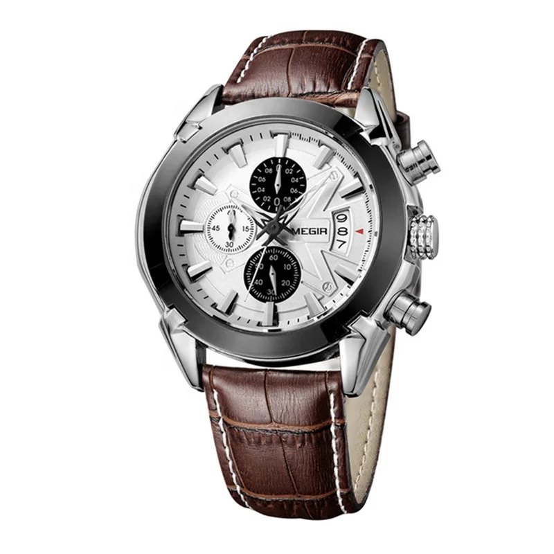 MEGIR 2020 Men Military Quartz Leather Watches fashion customized your logo Brown Chronograph Wrist Watch Reloj Hombre