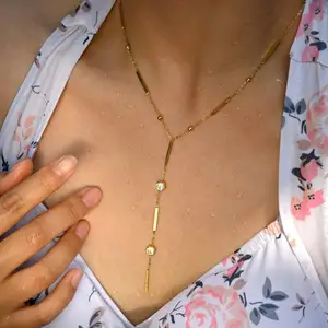 Summer Y-shaped Spacer Bead Zircon Long Link Chain Necklace Stainless Steel Jewelry Necklace for Women