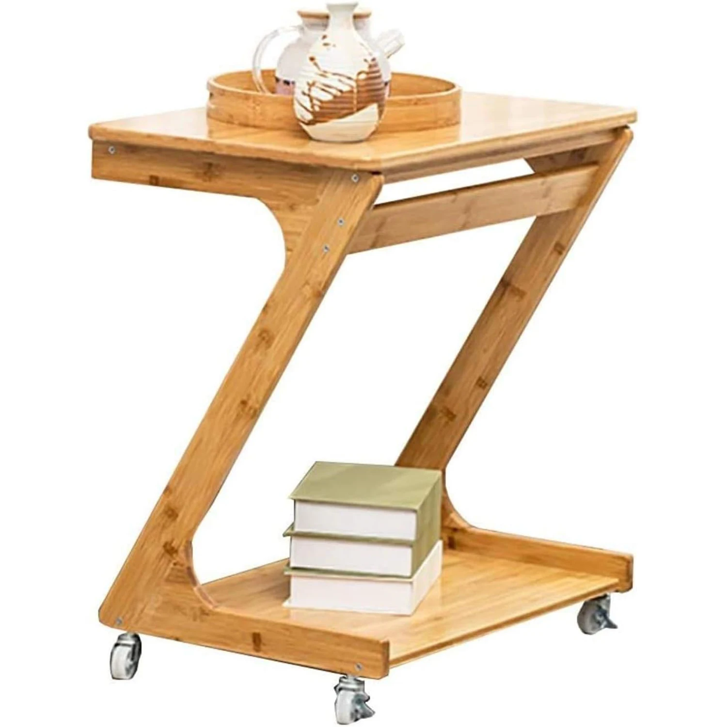 Wholesale Modern Movable Z-Shaped Wheeled Lazy Multifunctional Bamboo Bedside Coffee Table for Living Room