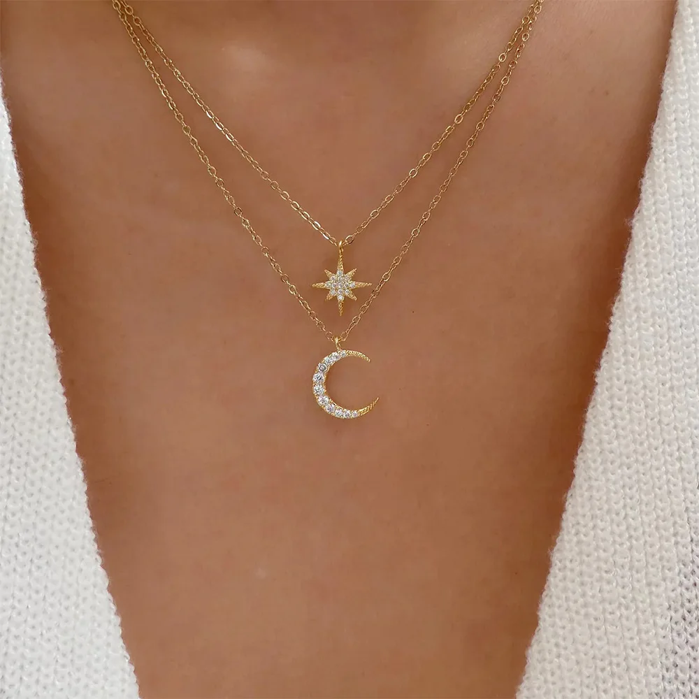 2023 Double Layer Starburst Crescent Moon Pendant Necklace