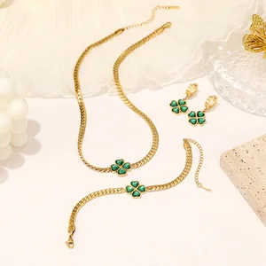 Hot Selling Stainless Steel Emerald Zircon Four-Leaf Clover Necklace Snake Bone Chain Necklace Bracelet Earrings Jewelry Sets