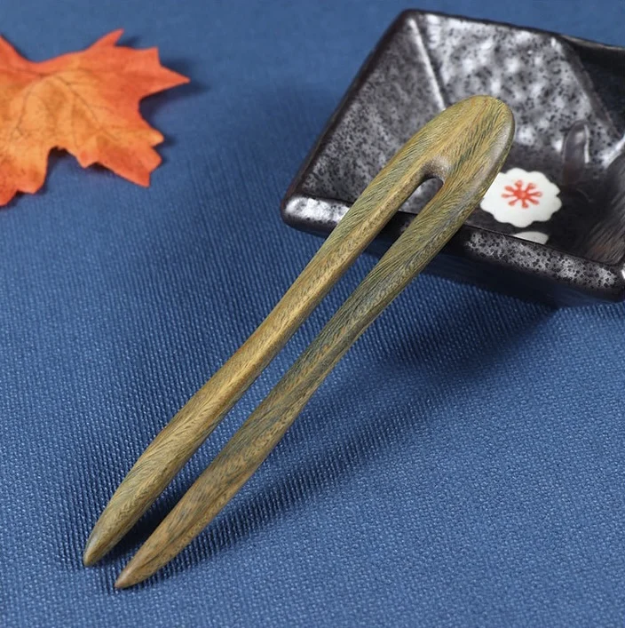 Chinese Hairpin U Shaped Hair Forks Vintage Green Sandalwood Wooden Sticks for