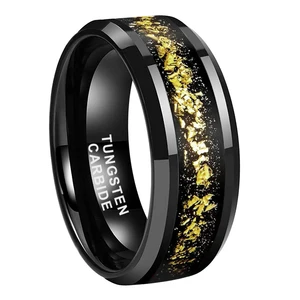 8mm Black Tungsten Rings for Men Women Gold Foil Fragments Inlay Engagement Wedding Band Beveled Edges Polished Comfort Fit