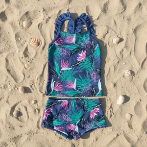 High Quality Tropical Floral Print Ruffled Straps UV Protection Quick Dry Breathable Waist Girls Two Swimsuit for Beach Pool