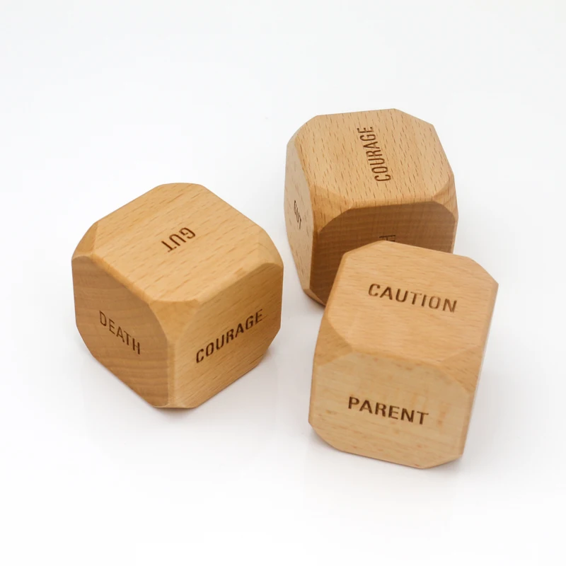 Wooden cubes and dices made of beech, maple, oak and walnut