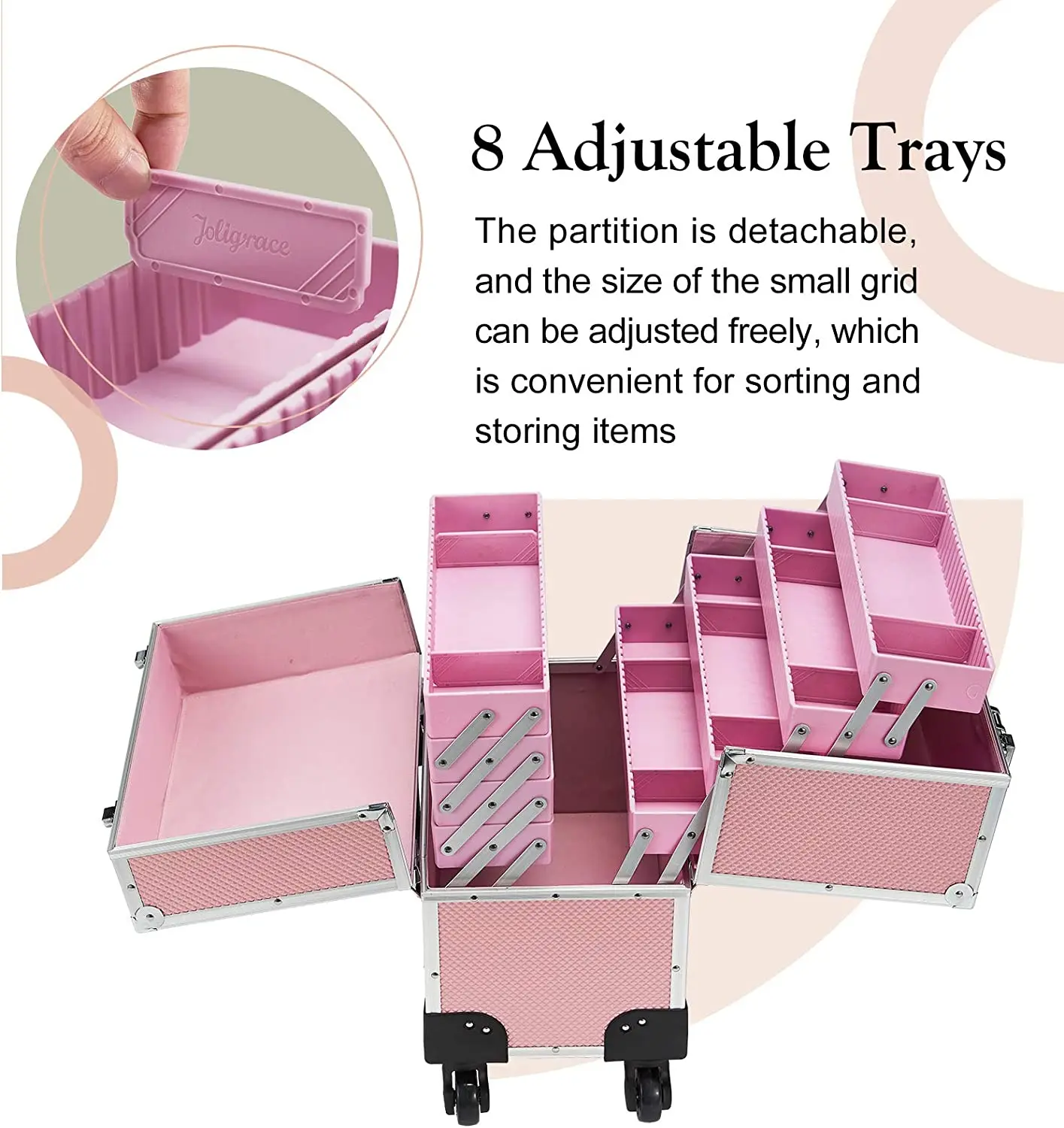Rolling Makeup Case with Wheels Professional Cosmetology Large Train Case Wheeled Cosmetic Trunk with 8 Divided Trays for Makeup
